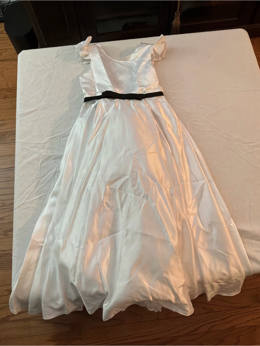 JJs House White Satin Flower Girl Dress with Black Waistband wedding flower girl